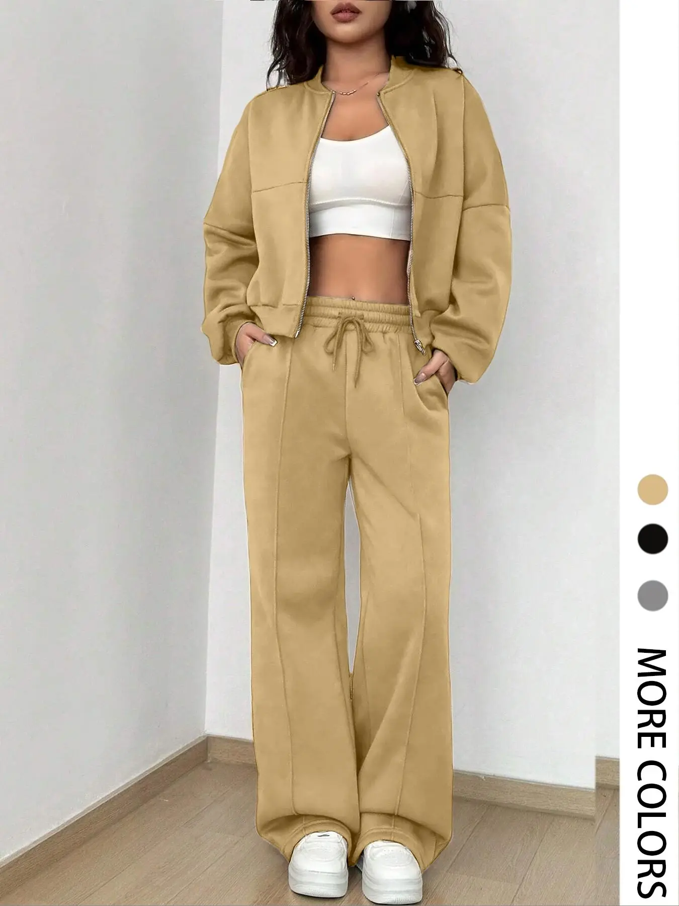 Women's Solid Zip Up Crop Jacket & Adjustable Drawstring Waist Pants Two-piece Set, Casual Fashion Everyday Drop Shoulder Long Sleeve Fitted Top & High Waist Trousers for Daily Outdoor Wear, Women's Clothing Womenswear for Spring & Fall