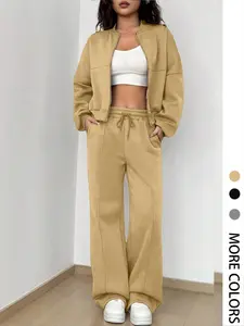 Women's Solid Zip Up Crop Jacket & Drawstring Waist Pants Two-piece Set, Casual Fashion Drop Shoulder Long Sleeve Fitted Top & High Waist Trousers for Daily Outdoor Wear, Women's Clothing Womenswear for Spring & Fall