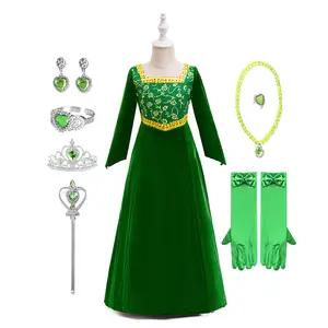 with Accessories Floral Green Cartoon Cosplay Costume Fancy Carnival 01 Kids Clothes Performance Princess Theme Party Holiday Girls Long Sleeve Ball Gown Children Cocktail Dress 3-9Y