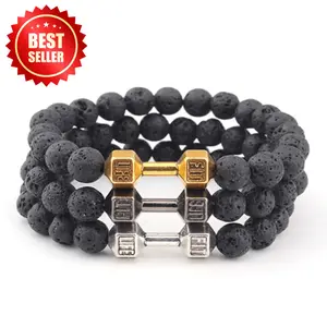 Men's elastic bracelet lava stone beads dumbbell shape sport daily wear