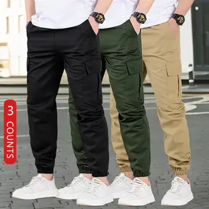 3 Pack Men's Heavyweight Multi-Pocket Work Pants with Large Cargo Pockets, Drawstring Elastic Waist Tactical Workwear - Regular Fit All Season Soldier Style, Suitable for Halloween Parties & Everyday Wear/Hiking/Construction Work - Durable Non-Stretch Fab