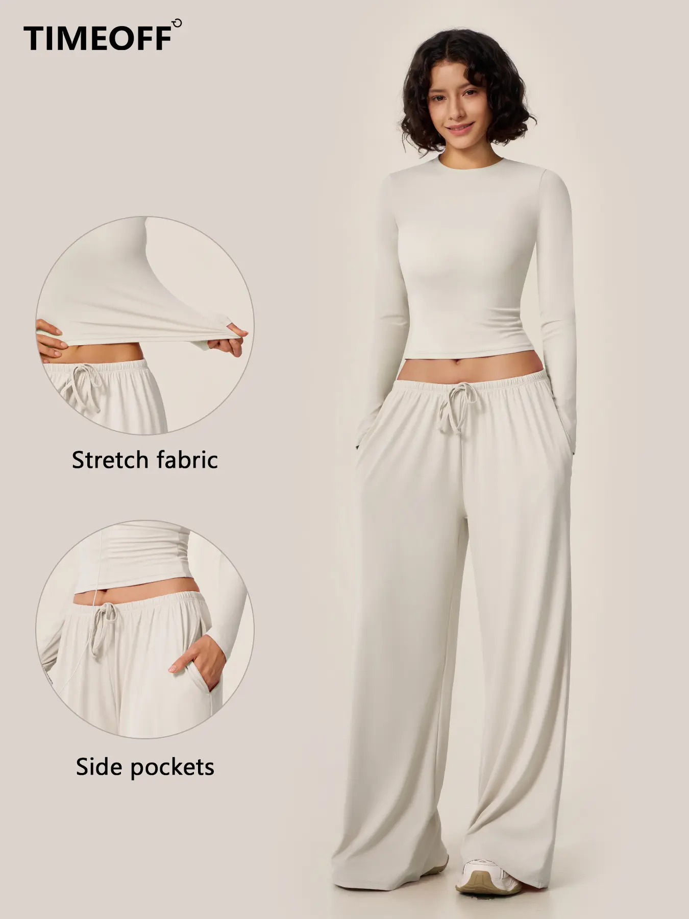 TIMEOFF Women's 2-Piece Fashion Set, Solid Brand Clothing with a Flattering Sculpting Long Sleeve Crop Top and Wide-Leg Yoga Pants, Women's Fashion, Tops For Women