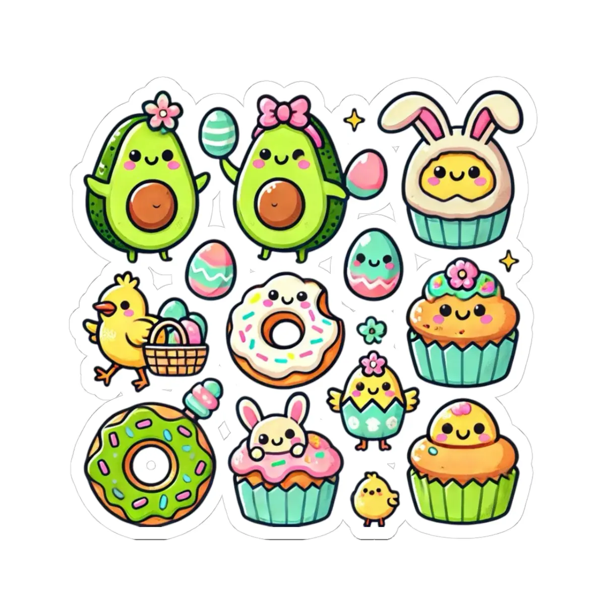 Cute Easter Kiss-Cut Stickers, Fun Avocado Stickers, Easter Decor, Sticker Pack for Crafts, Kids' Party Favors, Spring Vibes