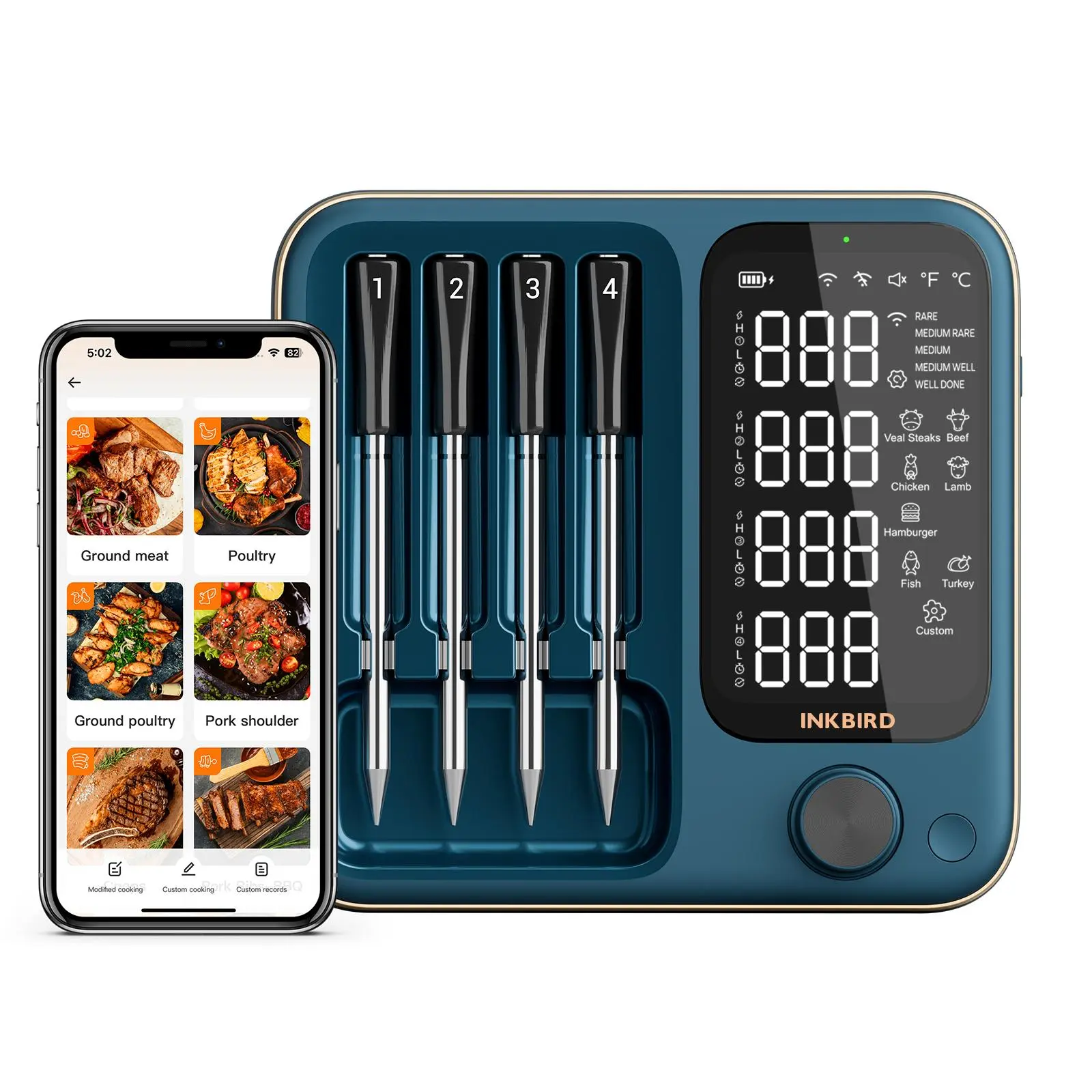 INKBIRD Meat Thermometer, WiFi & Bluetooth Wireless, 4 Probes, Stainless Steel, IP67 Waterproof, 25-Hour Battery, Ideal for Barbecue & Frying, Holiday Gifts-tiktokshopstockup,campingessentials,campinggear