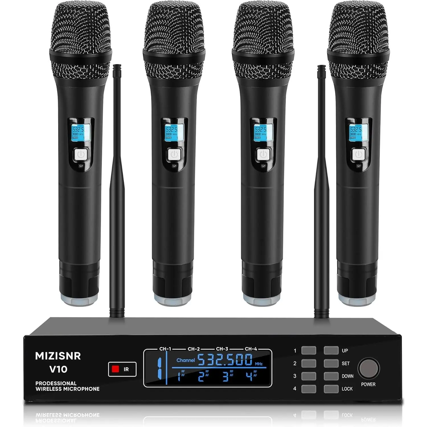 4-Channel Professional UHF Wireless Handheld Microphone System - UHF Radio Audio Set with Autoscan, Adjustable Frequency Lock, Metal Receiver, TRS/XLR Compatibility, 300ft Range for Singers, Karaoke