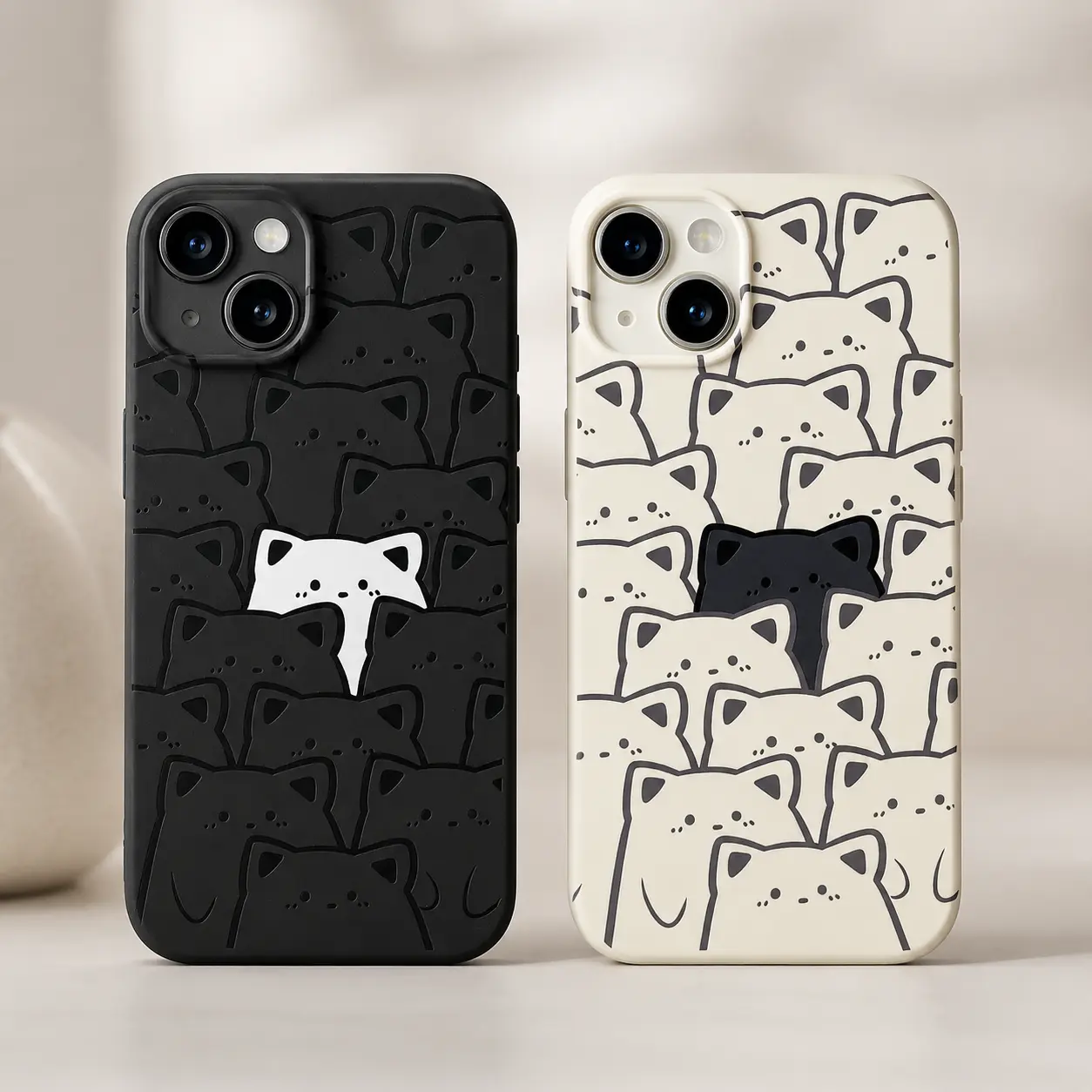 Couple Cat Phone Case Set, Matching Black White Cat Cases, Cute Minimalist Kitty Phone Cover, Couple Gift