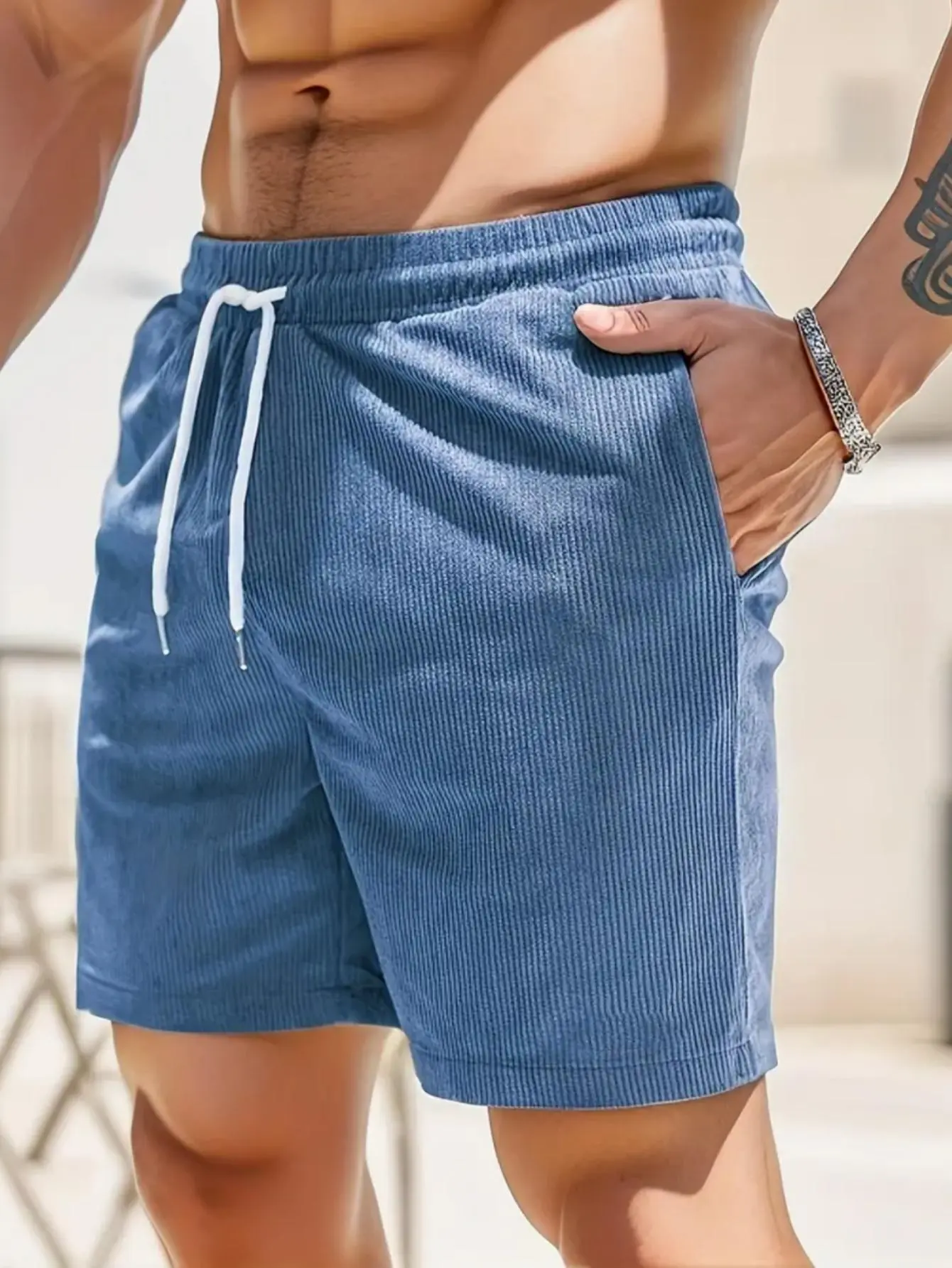 Men's Plain Corduroy Shorts, Modern Fit with Drawstring for Casual Activewear, Ribbed Texture, Above The Knee, Fitted