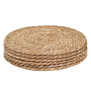 6pcs/set Hand-Woven Round Placemats, Boho Rattan & Water Hyacinth, Farmhouse Weave, Rustic Braided Wicker, Heat-Resistant Dining Table Mats