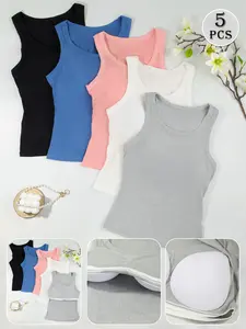 Ribbed Round Neck Wide Strap Tank Top With Built In Bra No Bra Needed Waist Shaping Slimming Fit Versatile Layering And Outwear
