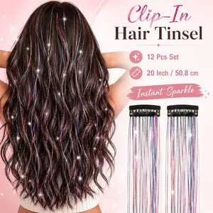12 Pcs Clip-In Hair Tinsel Extensions, 20 Inch Glitter Fairy Hair Strands, Sparkly Festival Hair Accessories for Summer Parties, Pride, Concerts & 4th of July