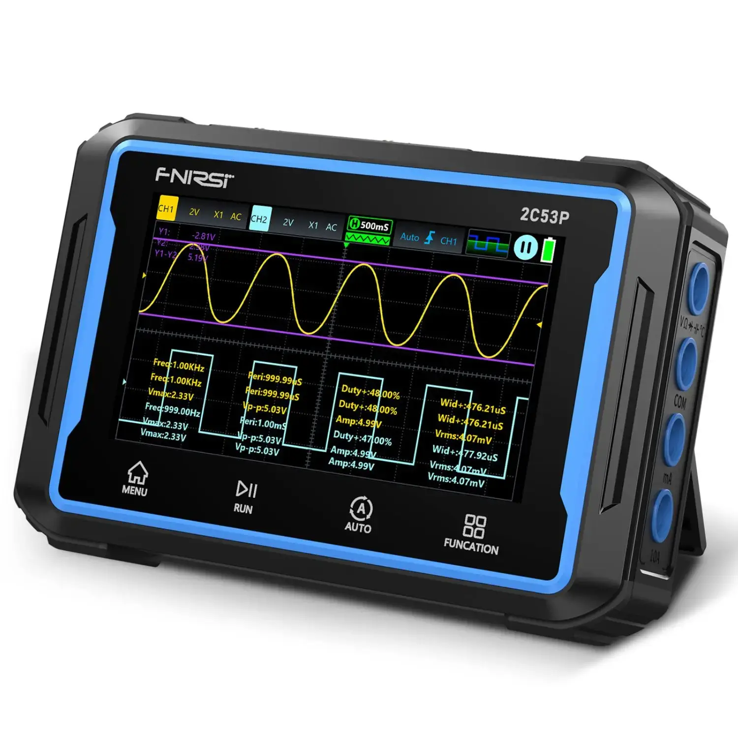 FNIRSI 2C53P 3 In 1 Two Channel Handheld Flatbed Oscilloscope Multimeter DDS Signal Generator 50MHz Bandwidth 19999 Counts 250MS S Sampling Rate Automotive Oscilloscope Multimeter 4.3 Inch Touchscreen