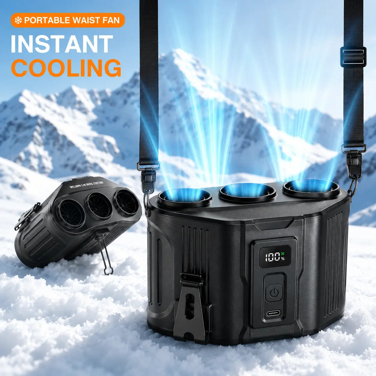 USB Rechargeable Wearable Belt, Long-Lasting 100 speed personal fan with waist clip and power display function for camping, construction, travel, and indoor use, suitable for outdoor use portable cooling