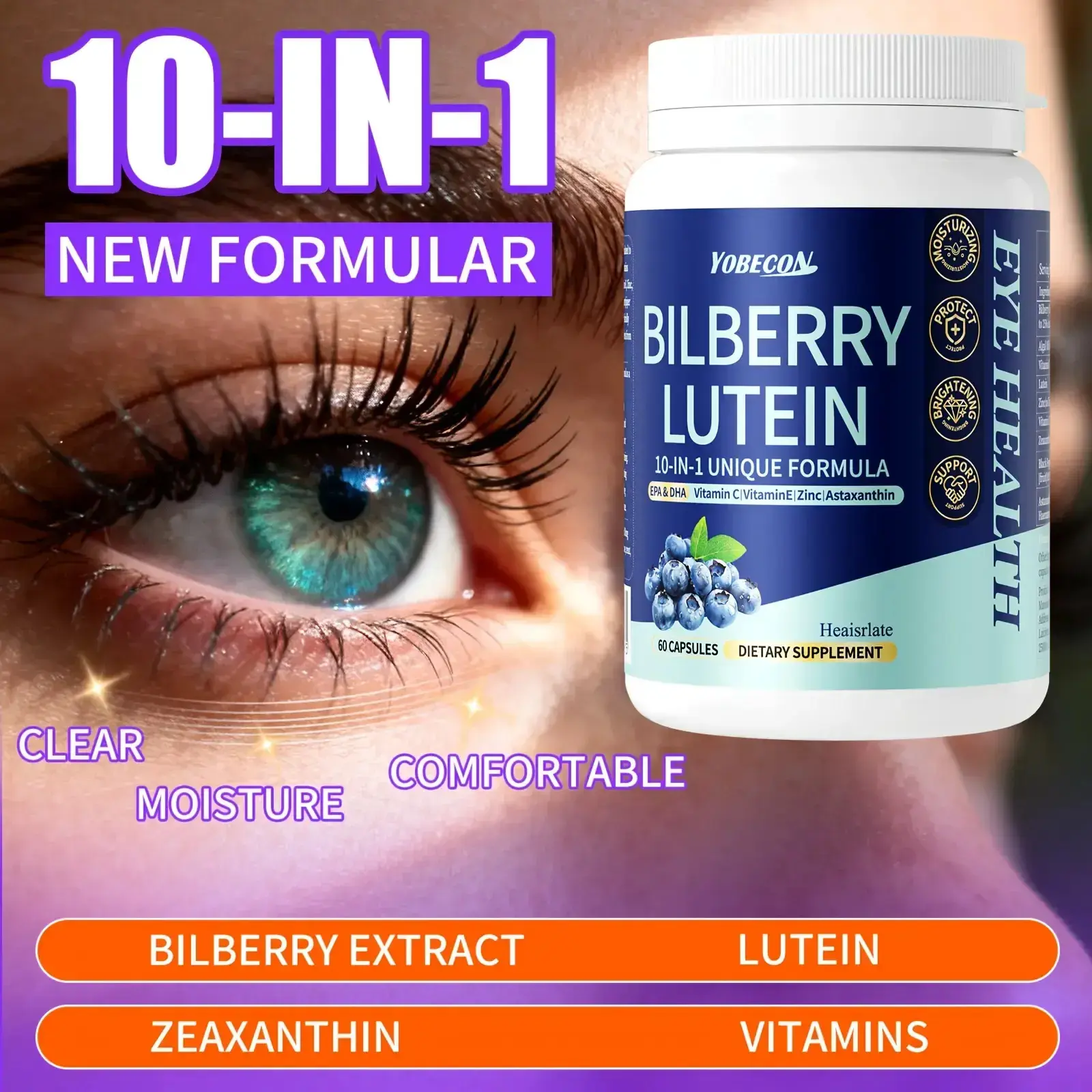 10-in-1 Plant-Based Bilberry Lutein Eye Health Vitamin Capsules, 1150mg Antioxidant Healthcare Daily Nourishing Supplement with Botanical Extracts, Astaxanthin, Blue Light Protection, Vision Boost for Adults (3 Years Shelf Life)
