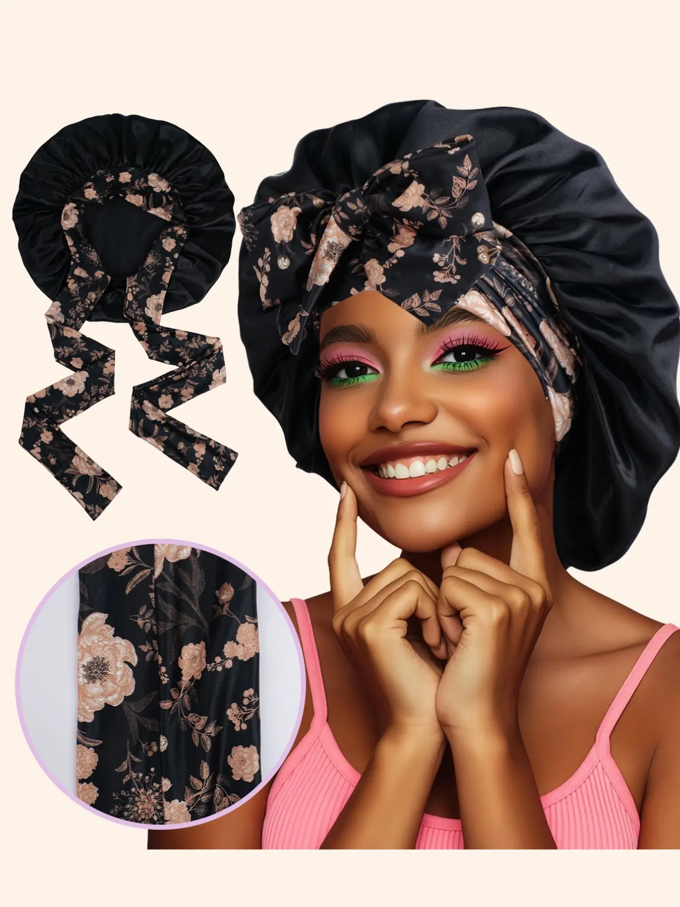 Long Hair Satin Sleep Cap with Elastic Band Adjustable, Women's Nighttime Sleep Hat, Long Style Sleep Cap, Suitable for All Hairstyles, Protection, Smooth Shower Cap, Daily
