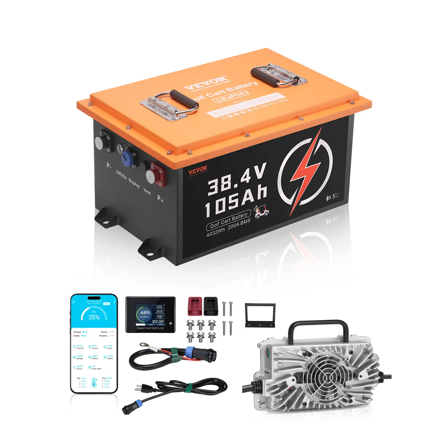VEVOR 36V 105Ah Golf Cart Lithium Battery,  36 Volt Golf Cart Battery with 200A BMS, Touch Monitor and Mobile APP, LiFePO4 Battery with 600A Peak Current, 20A Charger and 4000+ Cycles, for Golf Carts