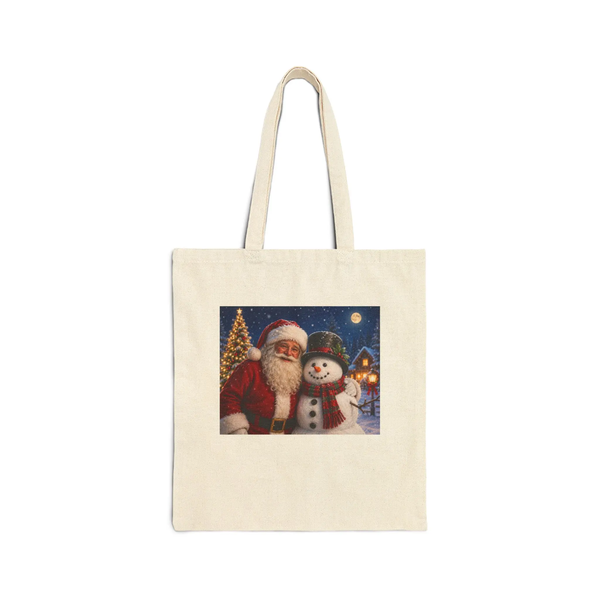 Santa and Snowman Tote Bag | Christmas Holiday Canvas Shopping Bag