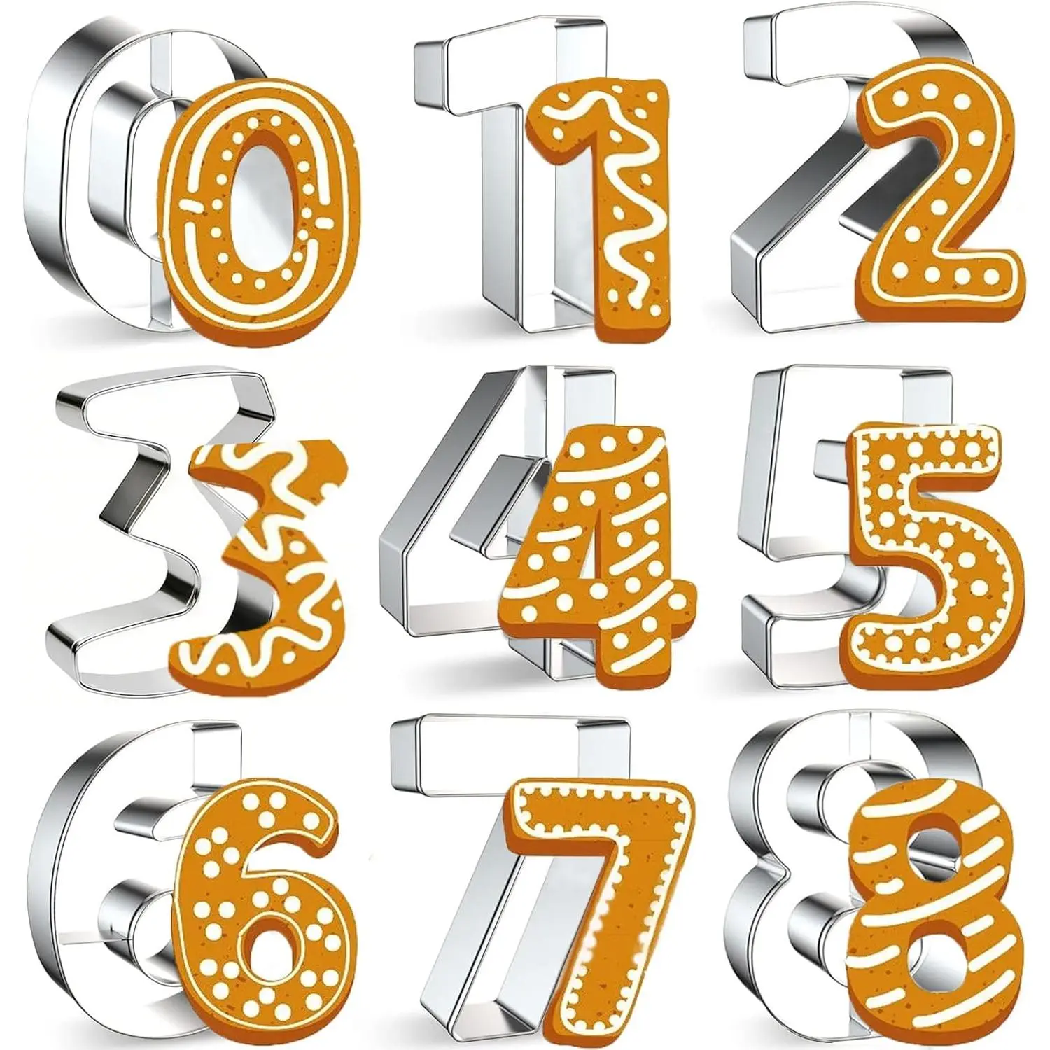 9 count Number Cookie Cutters Set,Stainless Steel Birthday Numbers 0-8(6 Reverses to 9),3Inches Cookie Fondant Dough Numbers Kitchen Baking,for Birthday wedding family gathering Halloween Christmas Party