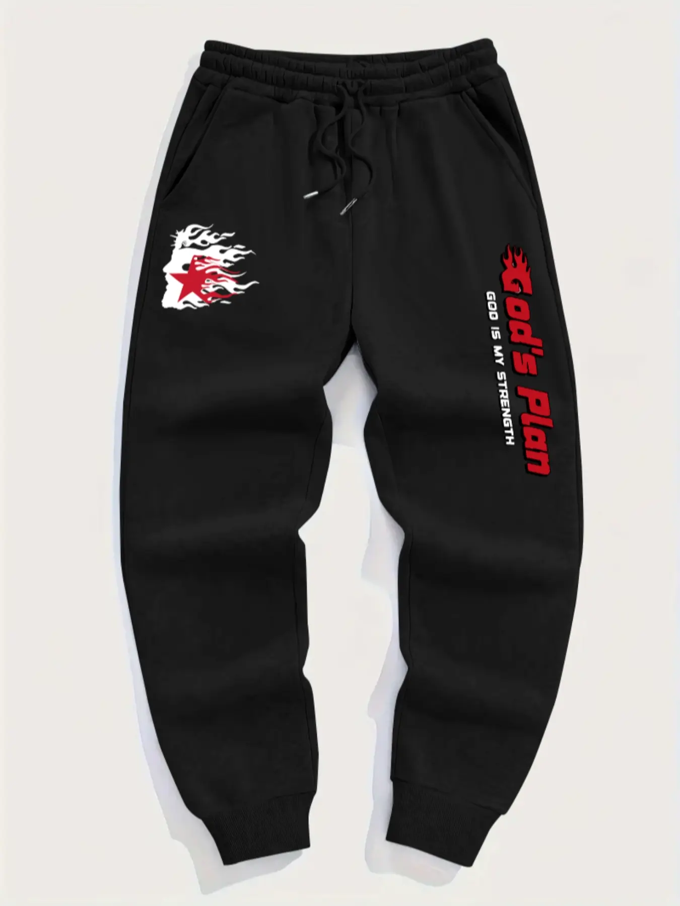 Men's Drawstring Waist Joggers Pants, Casual Fitted Thick Fabric, Flame Pattern & Trendy Letter Print, Fall Winter Sportswear