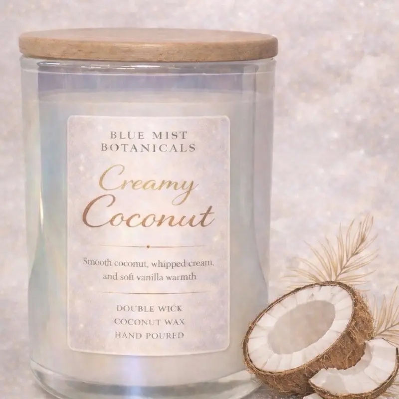 Blue Mist Botanicals Creamy Coconut Luxury 2-wick Candle with Smooth Coconut Whipped Cream & Soft Vanilla Warmth Hand Poured