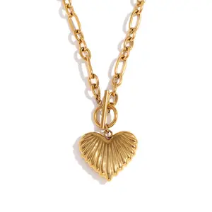 Astoro 18K Gold Tone Chunky Puffy Heart Necklace Stainless Steel Paperclip Chain Toggle Clasp Statement Jewelry