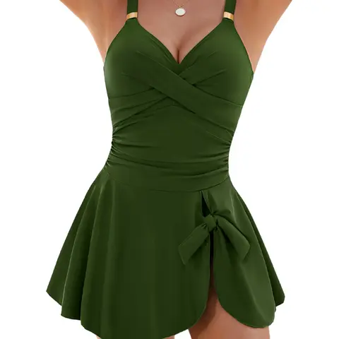 LNALIKA Womens Tummy Control Swimwear One Piece Skirted Swimsuit V Neck Adjustable Shoulder Straps Swimming Dress
