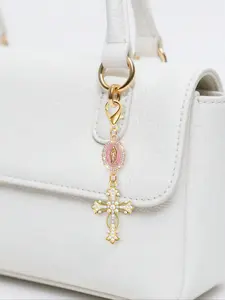 Christian Charm Keychain With Cross,Pearl And Diamonds Talisman - Cross Keychain,Bag Charm, Sparkly Bag Charm, Purse Charm, Cross Pendant, Decorative Wallet Backpack Accessories, For Luggage And Cars