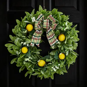 20" Lemon Wreath for Front Door, Artificial Spring Summer Wreath with Lamb Ear Leaves and Plaid Bow