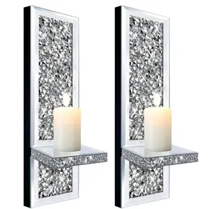 Crystal Crush Diamond Mirrored Wall Sconces Set of 2 Silver Sparkle Hanging Decor for Dining Living Room Decorative