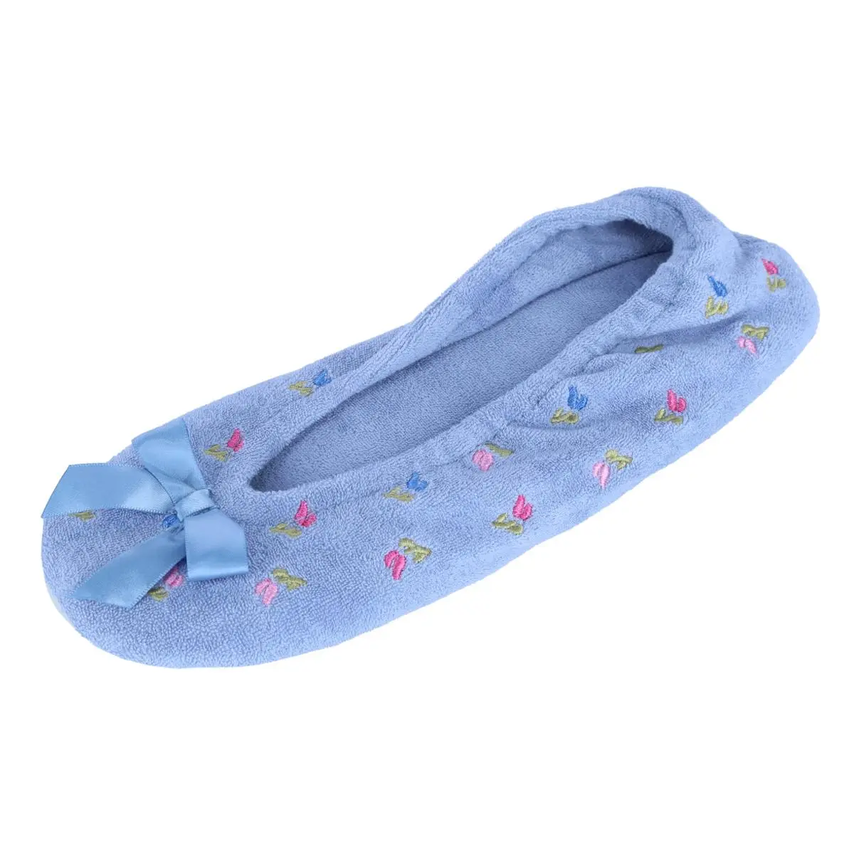 CTM Women's Flat, Soft, Stylish Floral Embroidered Terry Slide Ballerina Slipper House Shoe