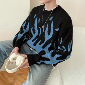 Loose-fitting Crew Neck Design Trendy Avant-garde Black-and-blue Color Scheme Abstract-pattern Knit Sweater