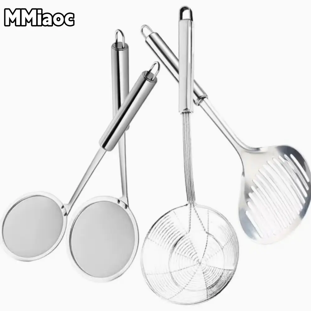 4pcs Large Stainless Steel Colander Skimmer - Portable Camp Kitchen Utensils, Durable Strainer for Oil Draining, Heat-Resistant, Dishwasher-Safe - For Frying, Camping Use - Father's Day Gifts