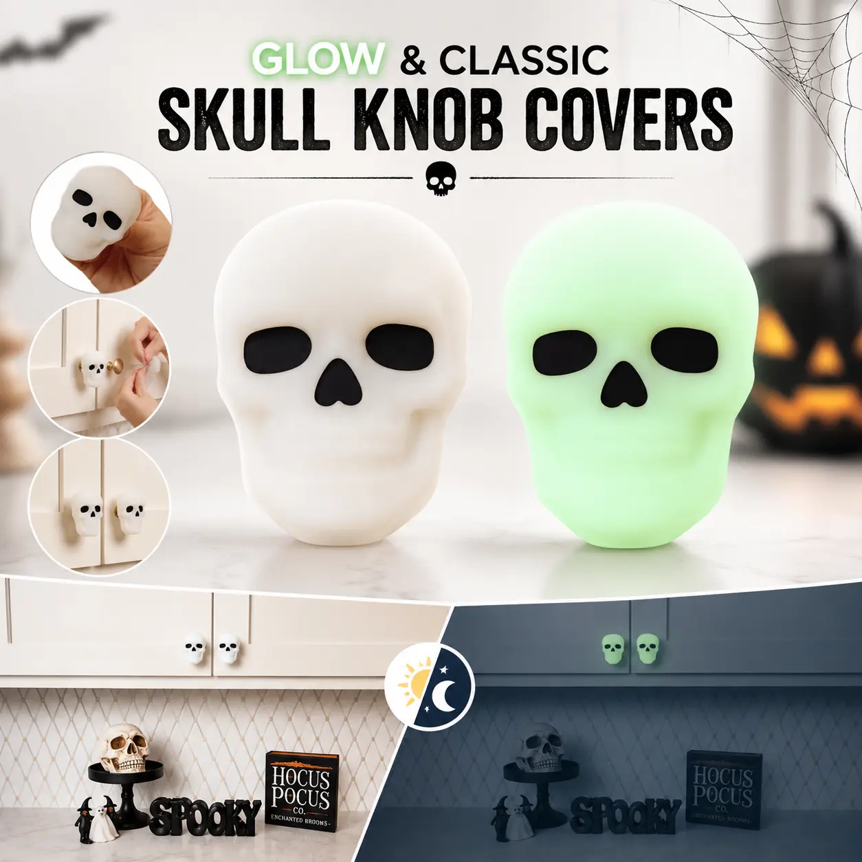 [Back to School]6/12 Pack Halloween Glow-in-the-Dark Skull Cabinet Knobs, Luminous & Regular Skull Furniture Pull Handles, Gothic Skeleton Decor Knobs for Drawer, Dresser, Closet, Cabinet, Halloween Home Decoration-MM1