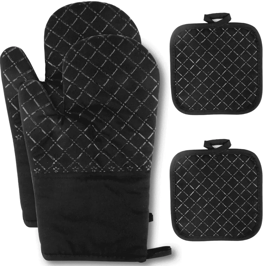 4-Piece Kitchen Bakeware Silicone Pot Holders & Oven Mitts Set - Reusable, Washable, Cotton-Infused, Heat-Resistant, Non-Slip, Extra Long for Wrist/Forearm Protection, 6.89x6.89in & 11.42x4.72in, Easy-To-Store Hanging Loops, Cooking Equipment (Black)