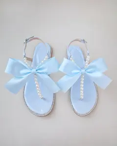 Light Blue T-Strap Pearls Wedding Flat Sandals with Oversized Bow, Wedding Sandals, Bridal Sandals, Pearl Flat Sandals