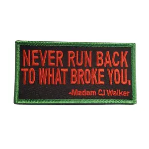 Patch Party Club, 1-pc, "Never Run Back to What Broke You" Madam CJ Walker Homage Badge, Iron-on Embroidered Patch, Craft Supplies, Small Patch, 3.75"