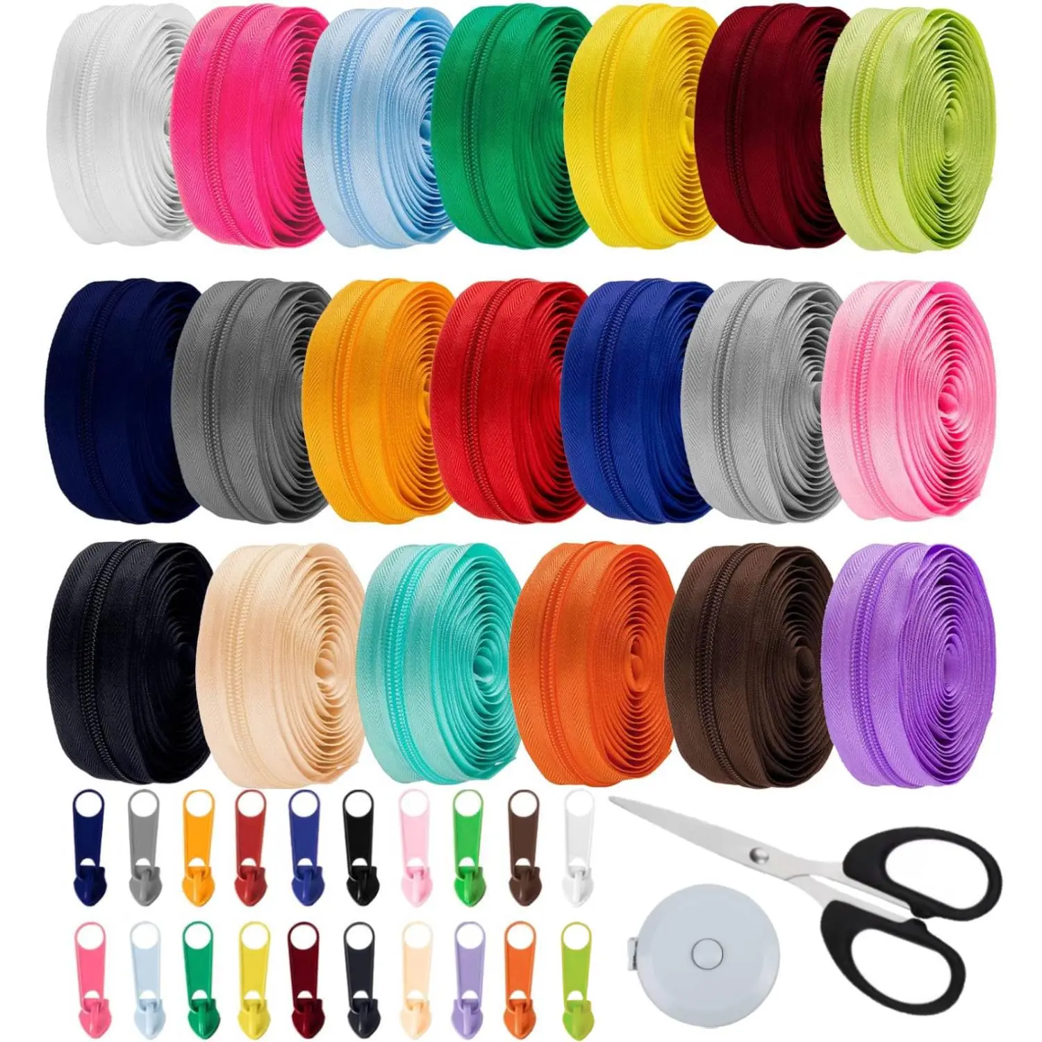 222 piece nylon zipper roll set, including 20 pcs 60 yard zipper tape, 200 zipper head sliders, 1 scissors, 1 tape measure, suitable for clothing production, luggage repair, handmade DIY, and home fabric, suitable for tailors and handicraft enthusiasts