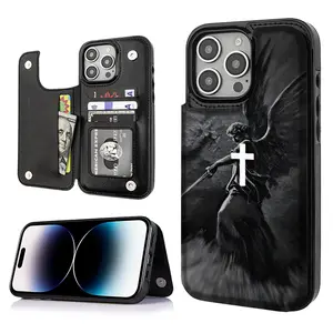 Christian Aesthetic Cross Judgement Angel Card Holder Wallet Aesthetic Black Casing For iphone 17 16 15 14 13 12 PRO PLUS MAX PU Leather Stylish Gift Shockproof Protection Anti-Drop Protective Protector Phone Case Shell Cover HH8015
