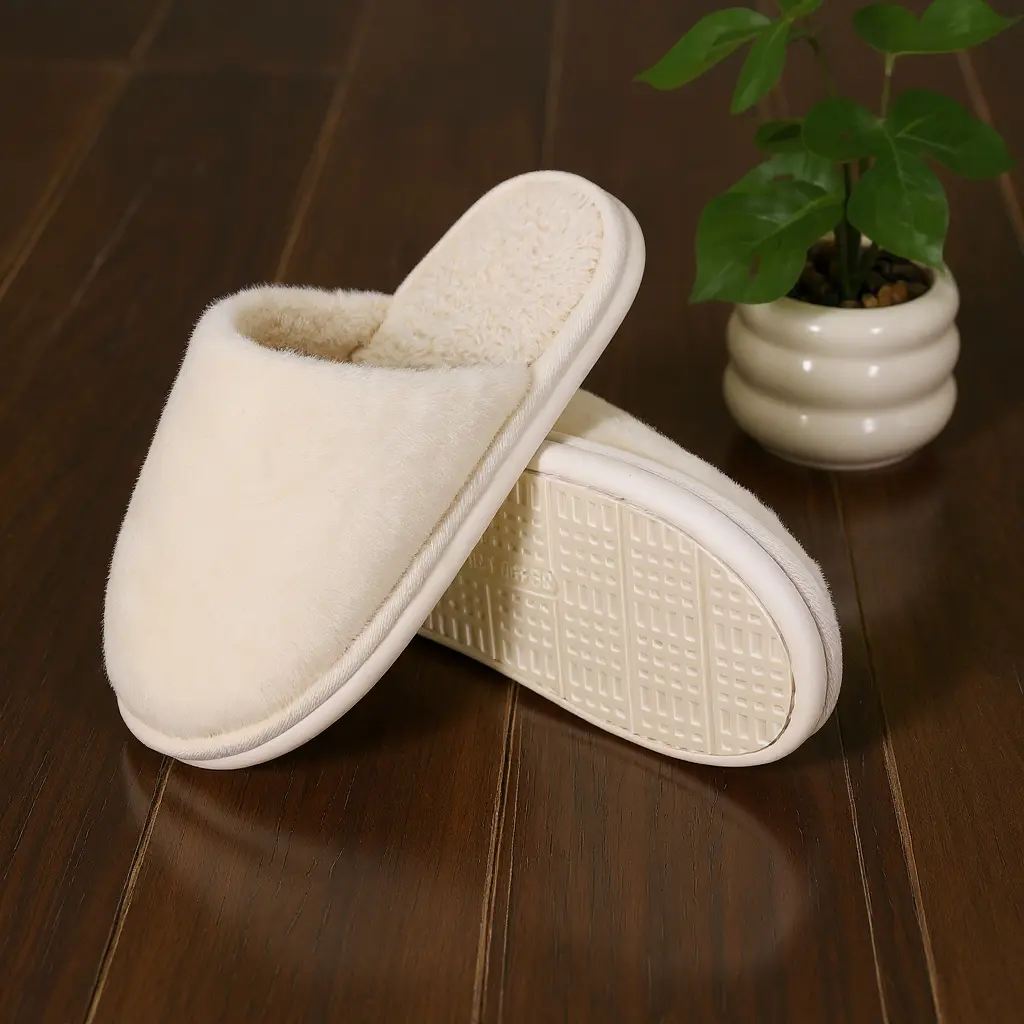Cotton Slippers for Women High Quality Autumn Winter Indoor Anti-Slip Warm Simple Solid Color Home Plush White Soft Furry Synthetic Rabbit Skin Eco-Friendly Thick Polar Lining