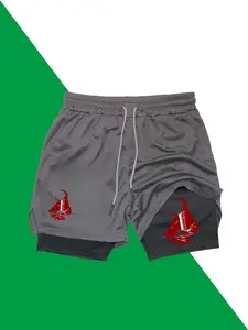 Mountain Peak Waterfall Print Two-in-One Double-Layer Leisure Sports Shorts, Lightweight and Quick-Drying with Zippered Pockets, Breathable Elastic Waistband with Drawstring, Comfortable Running Training Phone Shorts