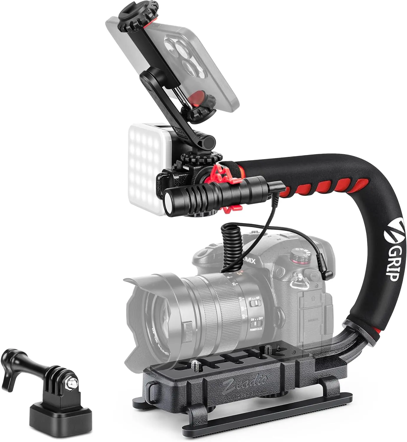 Camera Stabilizer, Handle Grip Handheld Stabilizer with LED Video Light and Microphone, Fits for All Camcorder, Camera, DSLR, Action Camera and All Smartphones