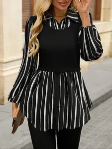 Women's Casual Slim Fit Striped Patchwork Long Sleeve Shirt, Cute Fall Winter Outwear, Ladies Fashion Top for Daily Wear