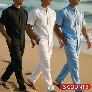 Men's 3-Pack Linen Blend Short Sleeve Shirt and Long Pants Set – Casual Button Down Top with Chest Pocket & Matching Drawstring Pants for Beach Vacation & Daily Wear (Black, White, Light Blue)