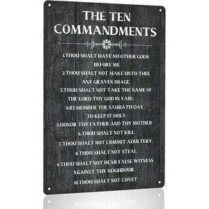 Religious Metal Hanging Sign - 12x8 in 10 Commandments "Thou Shalt Have No Other Gods Before Me" - Inspirational Farmhouse Rustic Wall Art, House Decor for Home Office Living Room, Tin Ornament Gift