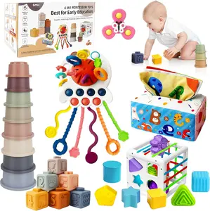 Summer Spring Gift 6 in 1 Montessori Toys for Babies 6-12 Months Up - Incl Pull String Toy, Stacking Cups, Tissue Box, Suction Cup Spinner, Stacking Blocks,Activity Cube, Baby Toys for 1 2 3 Year Old