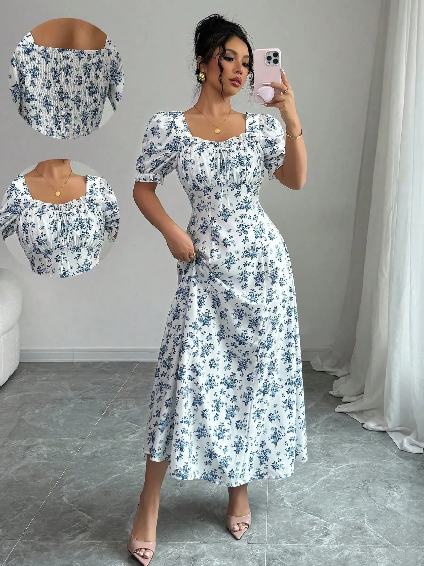 Women's Ditsy Floral Print Square-Neck Dress, Bohemian Daily Wear, Boho Style Dresses, Elegant Short Sleeves, Perfect for Spring/Summer, Stylish and Comfortable, Feminine Casual Dress, Boho Styles Fashion