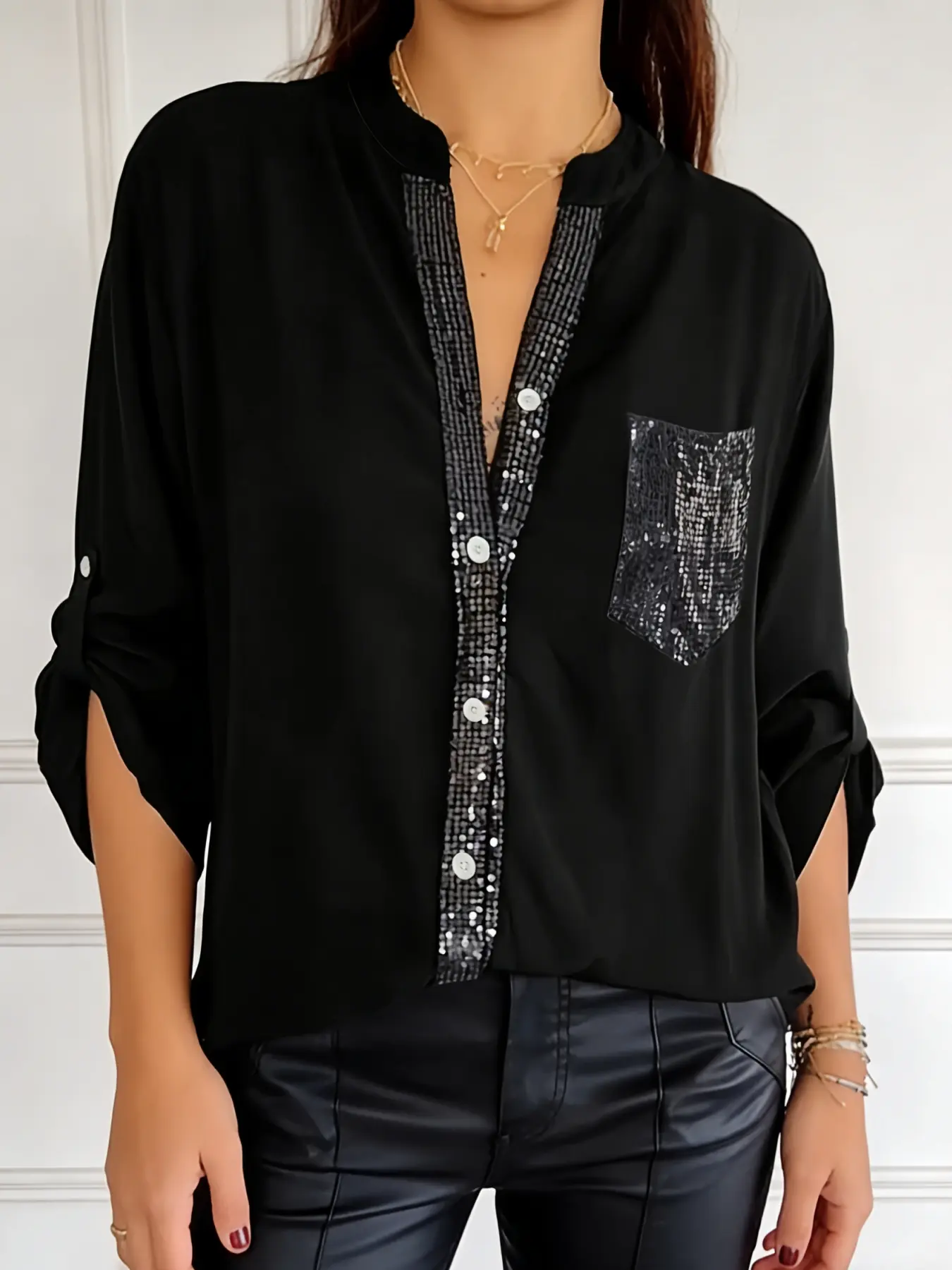 A women's black stylish sequin decorated long sleeved shirt with sequin elements, suitable for commuting to work, shopping and outdoor activities, indoor and outdoor dressing Blouse Blouses Shirts Tops