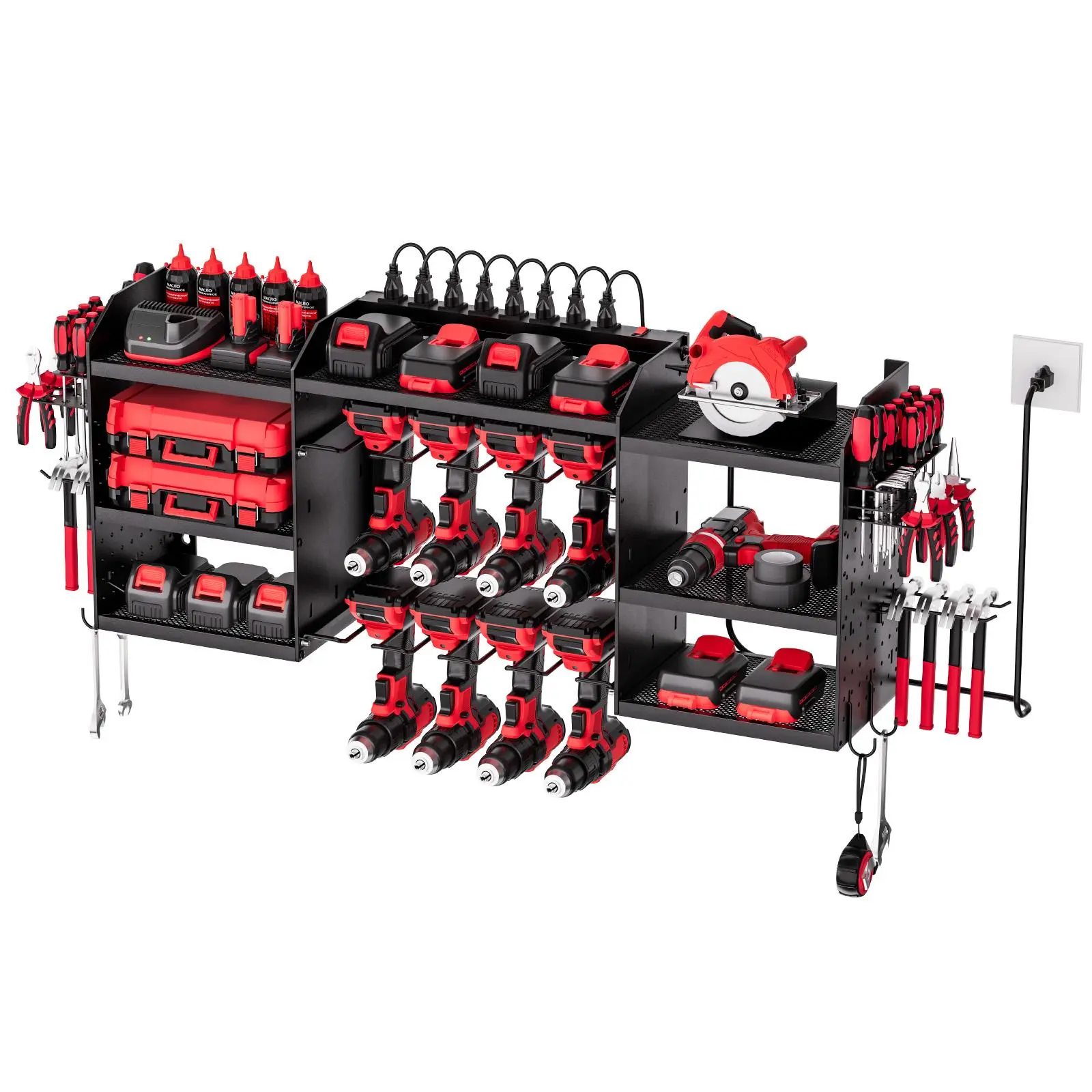 【Summerfinds】VEVOR Power Tool Organizer with Charging Station,3-Layer Power Tool Battery Storage Rack with 5.58 ft Power Strip8 Drill Holders & 8 OutletsGarage Tool Organizer for GarageWorkbenchWorkshop