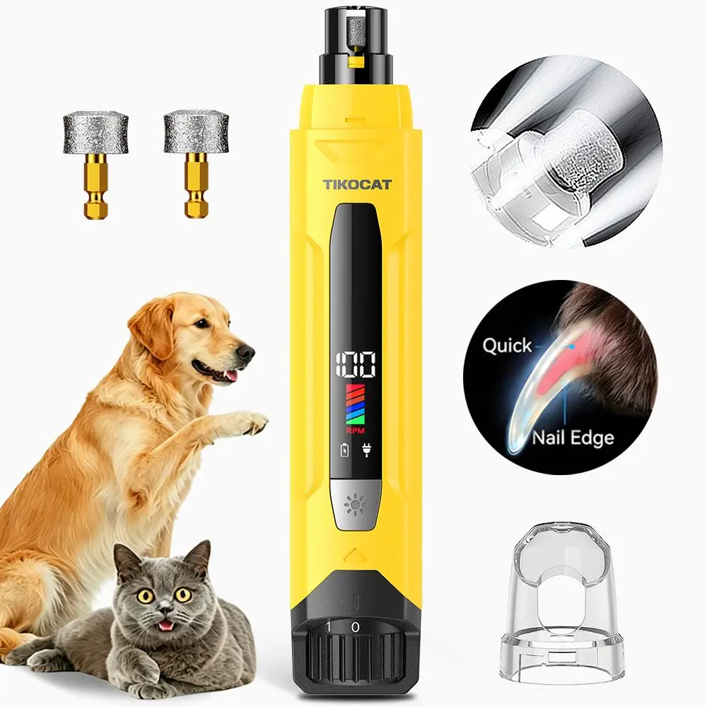TIKOCAT Pet Nail Grinder,Ultra Quiet Electric Grooming Tool with 4 LED Lights, Safe & Stress-Free for Sensitive Dogs Cats of All Breeds & Sizes, 3 Grinding Bits, 6-Speed,Pet Nail Trimmers, Rechargeable Painless Grooming  Trimmer with Dust Cup