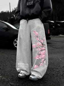 Unisex Floral Cherry Blossom Print Wide Leg Pants, Elastic Waist Drawstring, Pockets, Casual Streetwear, Daily & Street Style, Y2K Harajuku