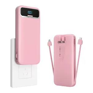 Portable-Charger Power-Bank with Built-in Cables & AC Wall Plug - 12000mAh PD 20W Fast Charging for iPhone,Android, USB-C,Rechargeable External Battery Pack for Cell Phone,Type C cords,Travel Black